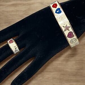 Y2K Coach Enamel Crystal Skull & Peace Sign Motif Bangle and Ring Size 6